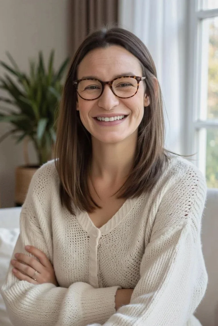 A woman with shoulder-length brown hair, glasses, and a white knitted sweater smiling with her arms crossed in a bright room with a large window and a potted plant in the background.