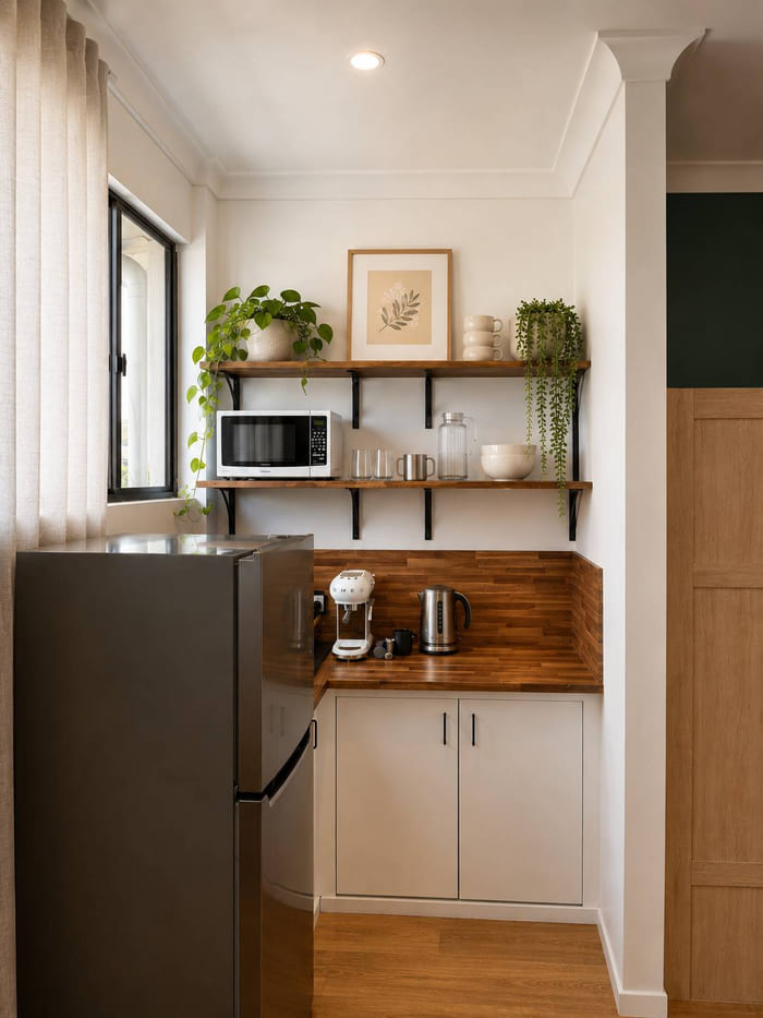 Kitchenette with timber benchtop, coffee machine, kettle, microwave, open shelving with cups and trailing plants