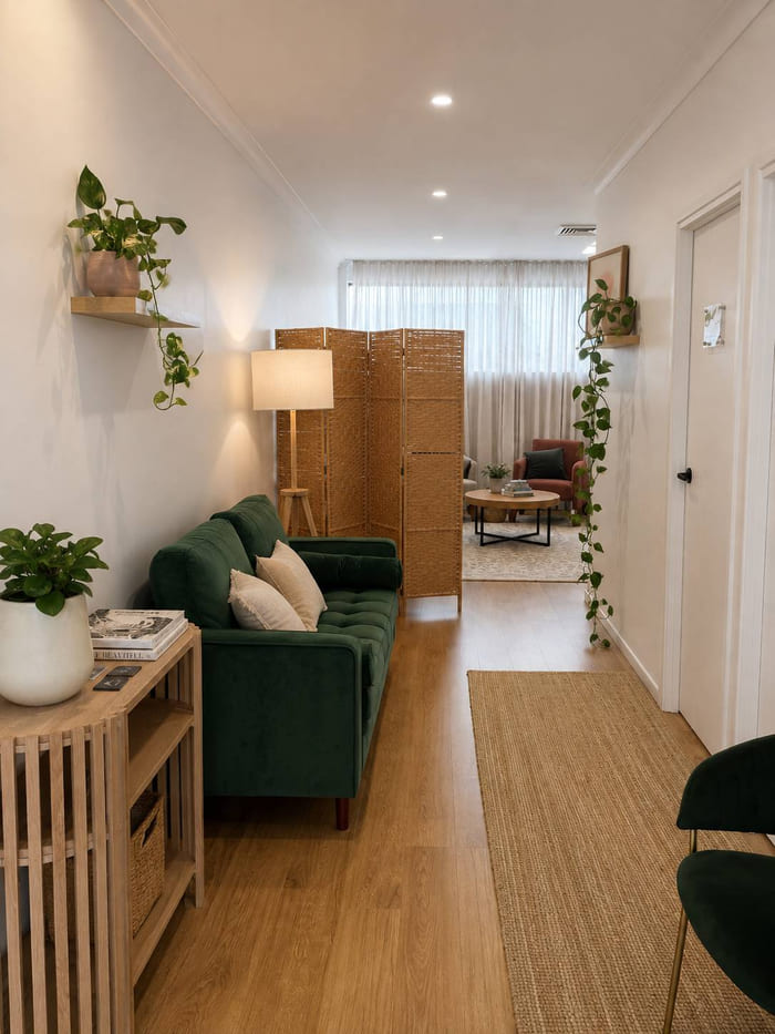 Waiting area with a green velvet sofa, timber console, floor lamp and woven screen, opening through to a consulting room